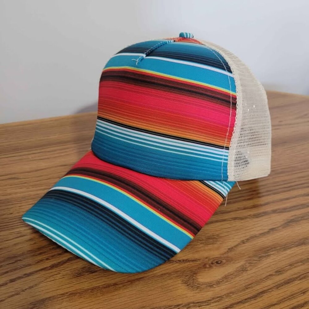 Serape Messy High Bun Ponytail Adjustable Mesh Back Trucker Baseball Cap Western